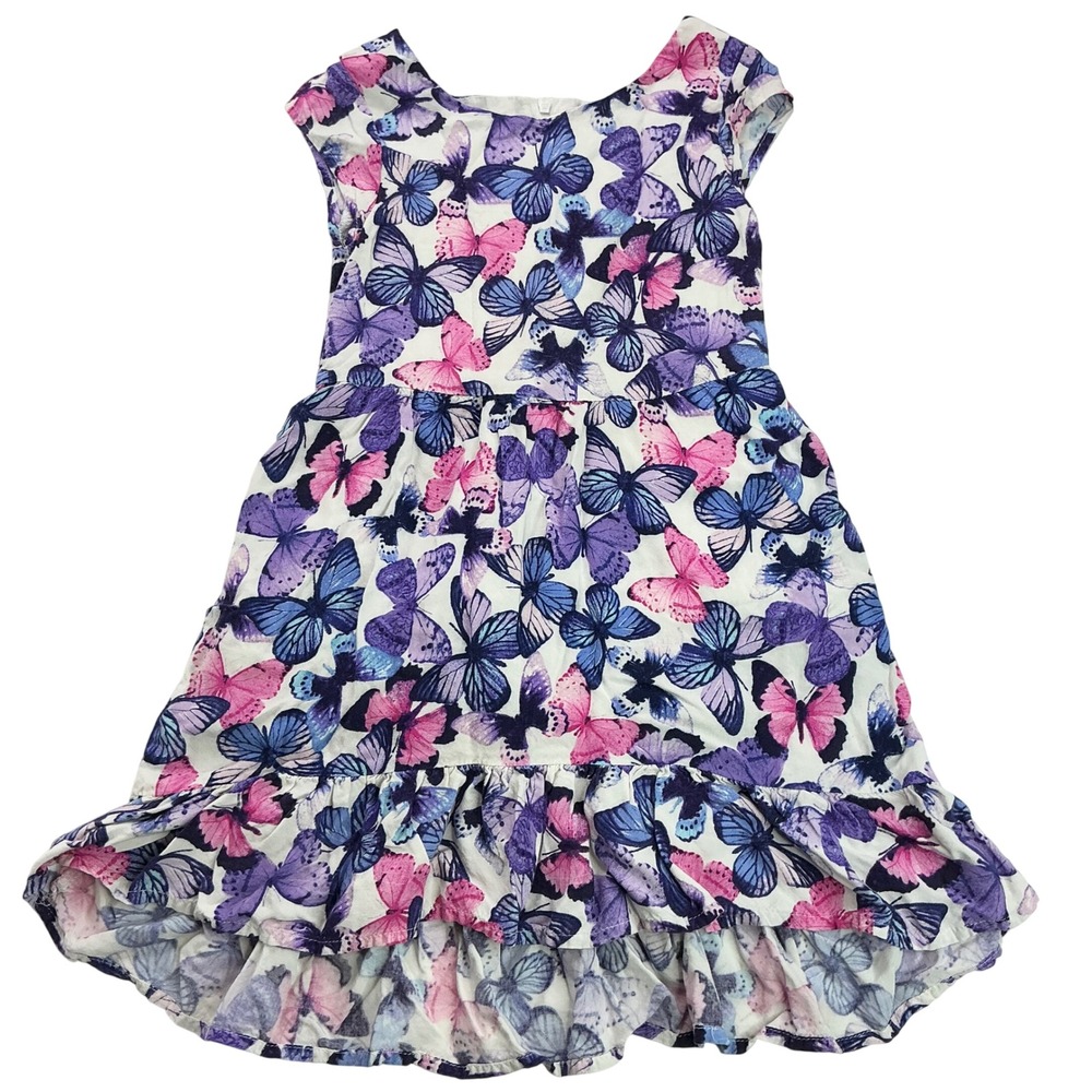 The Children's Place White Purple Butterfly Dress Kids Size 6 Ruffle Cap Sleeve